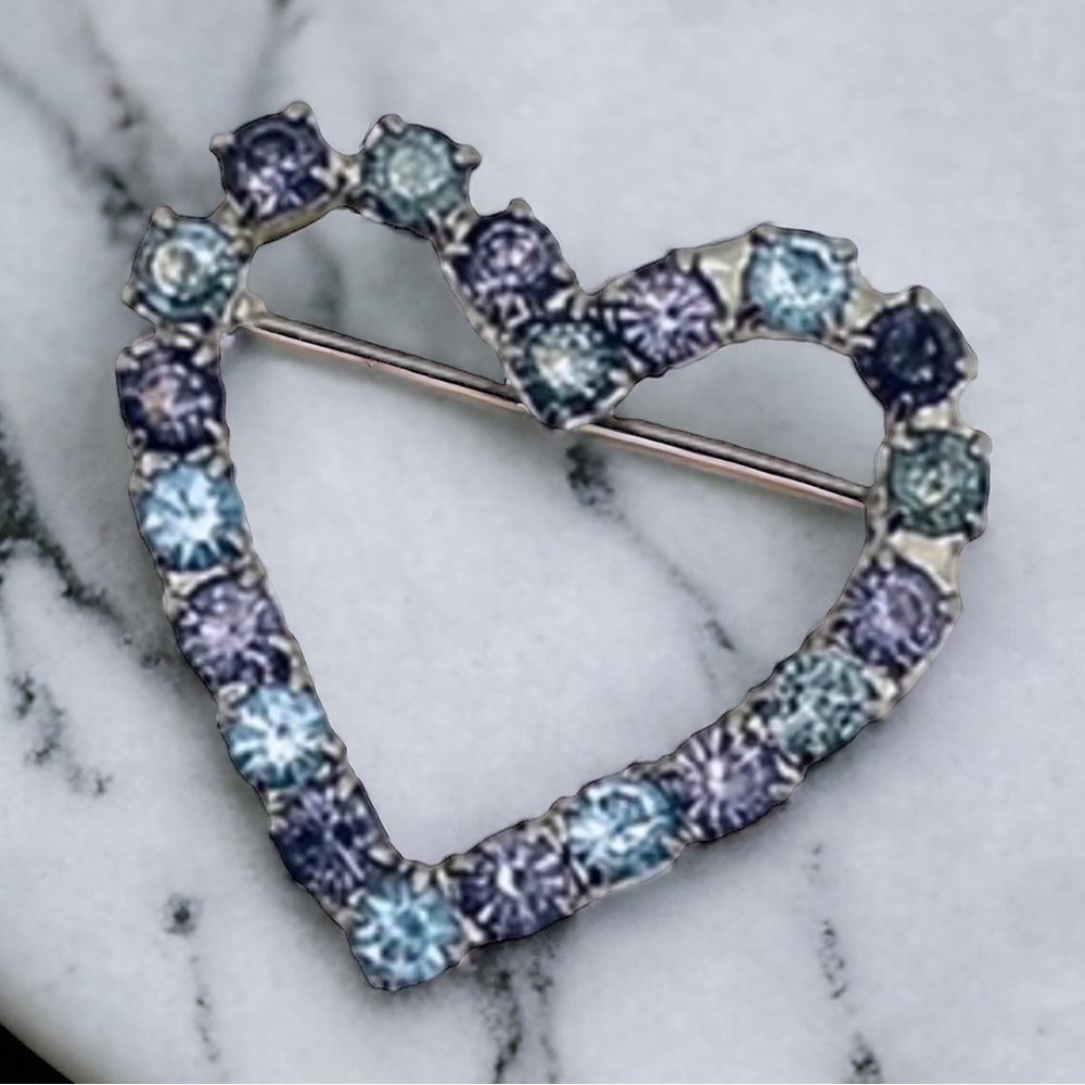 Vintage Blue Rhinestone Silver Tone Heart Brooch - Picture 1 of 4